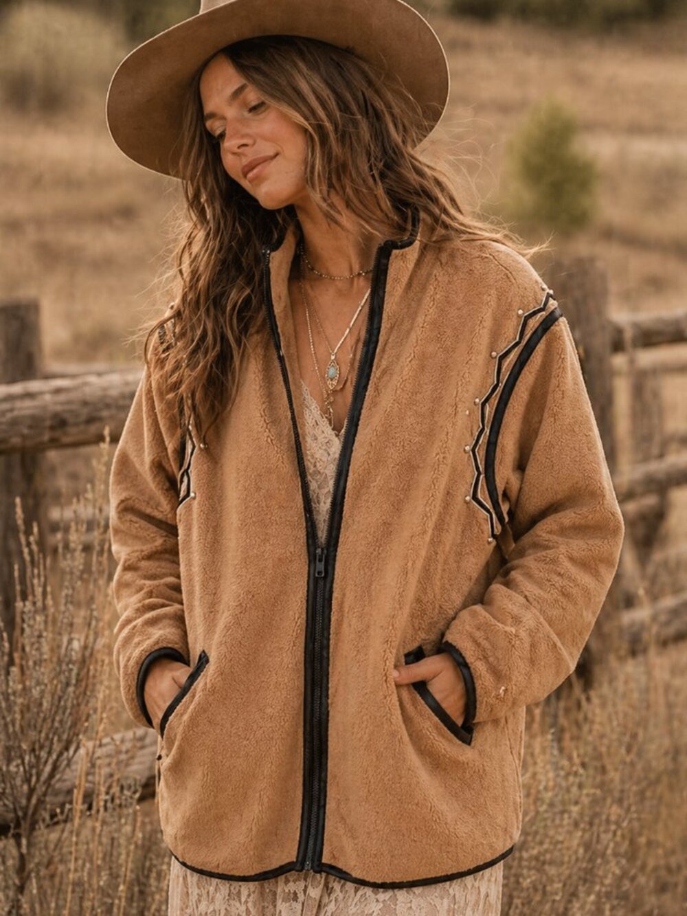 Vintage 90s Bob Mackie Western Boho Fleece Jacket Large